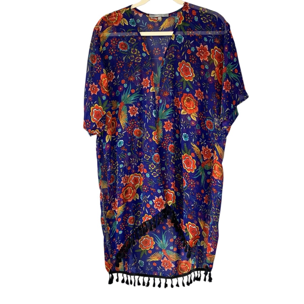 Sweet Rain royal blue sheer floral boho kimono with black fringe. Size S